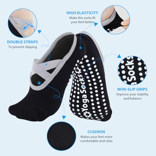 Queenshin Women's Yoga Socks with Non-Slip Grips & Straps Best for Pilates Ballet Dance Hospital Anti-Skid Socks 3 Pairs3