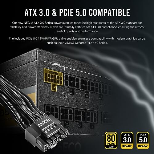 Image of ANTEC NeoECO, NE1300G M ATX3.0, 1300W Full Modular PSU, 80 Plus Gold Certified, PCIE 5.0 Support, PhaseWave Design, Japanese Caps, Zero RPM Manager, Silent 120mm Fan, 10-Year Warranty