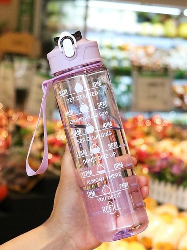 RKZ Transparent Motivational Water Bottle (900 ML) with Time Marker, Leakproof, Durable, Time Marker | Non-Toxic Bottle for Fitness, Gym, office, School, Indoor/Outdoor Bottle (Multicolor, Pack of 1)