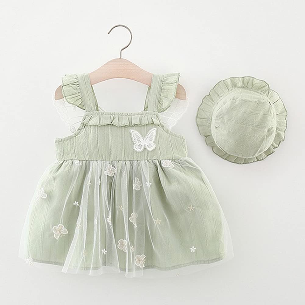 Toddler Baby Girls Floral Print Bowknot Dress Boho Ruffle Princess Birthday Party Casual Beach Dresses Summer Sleeveless Swing Sundress with Straw Hat Clothes Set Green Butterfly 6-12 Months
