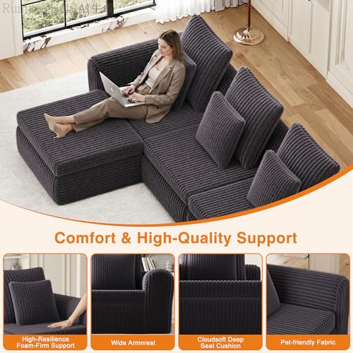 Image of Feonase Modular Sectional Sofa, Cloud Sectional Couch with Deep Seat, 106.3'Modern Modular U Shape Sofa Couch with Chaise, Upholstered Boneless Couches for Living Room Bedroom, Dark Grey