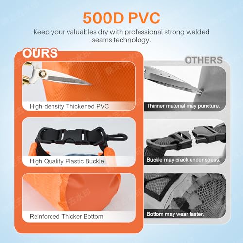 Image of Waterproof Dry Bag 500D PVC Roll Top Dry Sack with 3 Carrying Ways, Lightweight Waterproof Bag for Kayaking, Swimming, Boating, Paddle Boarding, Hiking, Beach (Orange, 2L)