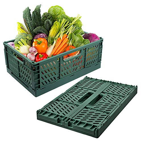 2-Pack Plastic Baskets for Shelf Organizing, Stackable Organizer Pantry Storage Bins, Folding Containers Crate for Home Kitchen Classroom and Office Vanity Bathroom Organization(12" x 8" x 5")(Green)