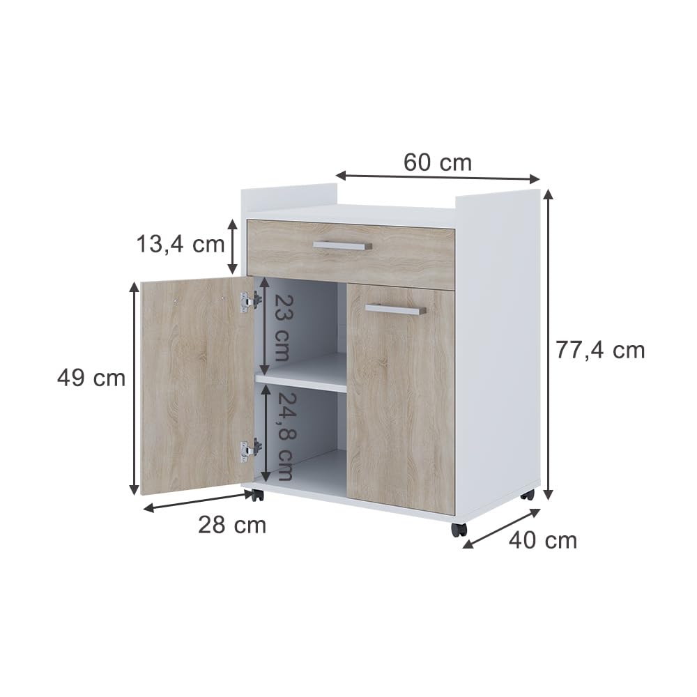 Vicco Rollcontainer Ansel, Weiß/Sonoma, 60 x 40 cm mit Schubladen, auf Rollen fahrbar für Flexible Nutzung im Arbeitsbereich