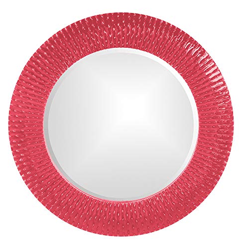 Image of Howard Elliott Collection Bergman Round Wall Mirror, Textured Ribbed Frame, Decorative Accent Mirror for Entryway, Bathroom or Bedroom, Ready to Hang, 32H x 32W x 1D, Glossy Hot Pink
