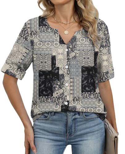 Image of OFEEFAN Button Down Shirts for Women 3 /4 Length Sleeve Tops V Neck Blouses Business Casual Outfits Loose Fit