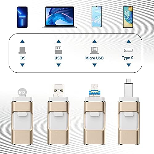 USB Flash Drive, USB3.0 Memory Stick External Storage Thumb Drive for i-Phone i-Pad 64GB Photo Stick Flash Drive Suitable for Any Model PC/Pad/Android Phones (Gold)