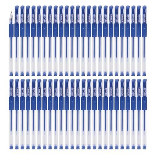 OFFICER PRODUCTS Lot de 50 stylos à bille gel - Couleur : bleu - Diamètre de la boule : 0,5 mm - Stylo gel - Encre résistante à l'eau et ne se décolore...