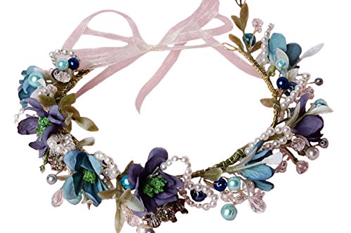 Pearl Flower Crown Floral Garland Headband Flower Halo Headpiece Hair Wreath Boho with Ribbon Wedding Party Photos Festival Blue by Vivivalue