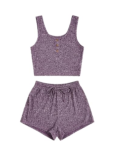 Image of SOLY HUX Women's Button Front Ribbed Knit Tank Top and Shorts Pajama Set Sleepwear Lounge Sets