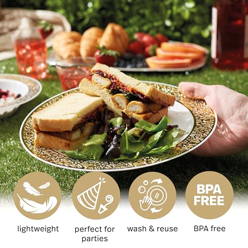 Matana 20 Piatti in Plastica Bianca Premium con Bordo Dorato, 26cm - Eleganti, Resistenti e Riutilizzabili - Matrimoni, Compleanni, Battesimi, Natale, Barbecue, Feste - immagine 4