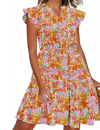 Image of HOTOUCH Women Printed Dress for Summer Short Ruffle Sleeve Dress Tiered Mini Dress with Pockets