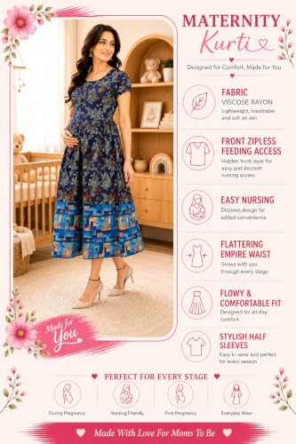 Image of RITIJYA Zipless Feeding Kurta Dress for Women | Maternity Nursing Kurti, No-Zip Easy Access | Extra Pleats Pre to Post Pregnancy | Quick-Dry Fabric | S-4XL