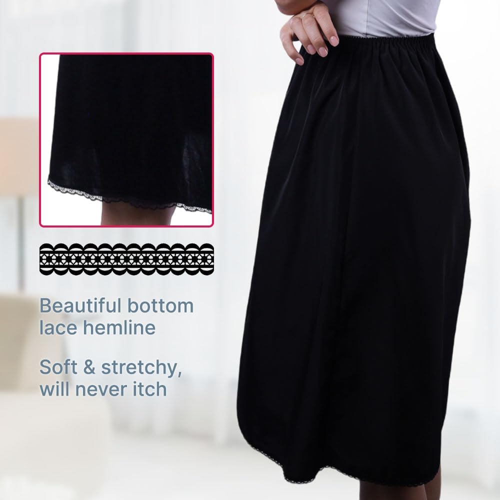 Half Slip For Women and Girls for Underdress- Non-Cling, Slight Flare Silky Nylon Underskirt - knee length, Lace Trim - Image 2
