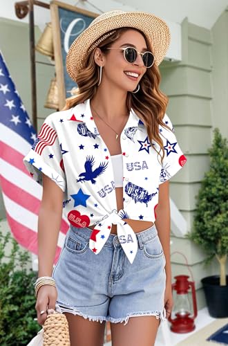 Image of Ithalt 4th of July Hawaiian Shirts Women American Flag Patriotic Short Sleeve Button Down Outfits Summer Vacation Tops