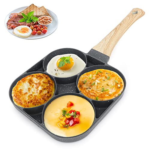 RANJIMA Sartén Tortitas,Sartén Huevos Poche de 4 Agujeros para Desayunos con Mango de Madera Aislado para Estufas de Gas y Cocinas de Inducción para Huevos Fritos Antiadherentes/hamburguesas Cover
