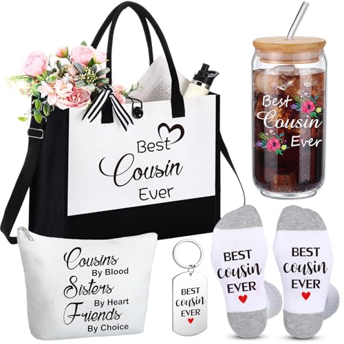 Funnymoom 5 Pack Cousin Gifts for Christmas, Best Cousin Ever Gifts Ideas for Women Birthday, Xmas Thank You Set with Canvas Tote Bag, Makeup Bag, 16 oz Drinking Glass Cup, Socks and Keychain
