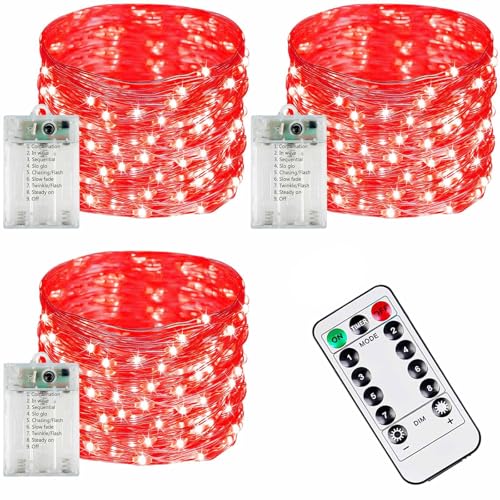 Image of 3PK 78FT 80LED Red Christmas Fairy Lights Battery Operated Halloween Lights