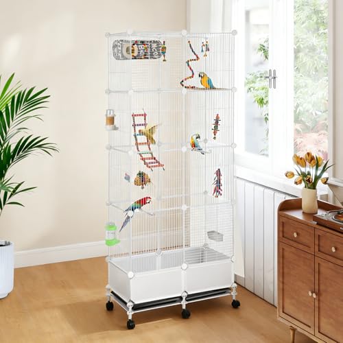 69" H Large Bird Flight Cage with Bottom Splash Guard,White Extra-Narrow Bar Spacing Parakeet Cage with Stand,Includes Parrot Toys&Supplies,Tall Rolling Birdcage for Small to Medium Birds,28" Lx15 W