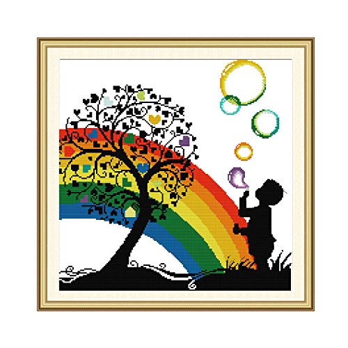 Image of ITSTITCH Printed Cross Stitch Kits 11CT 20X20 inch 100% Cotton Holiday Gift DIY Embroidery Starter Kits Easy Patterns Embroidery for Girls Crafts DMC Stamped Supplies Needlework Rainbow Bubble Boy