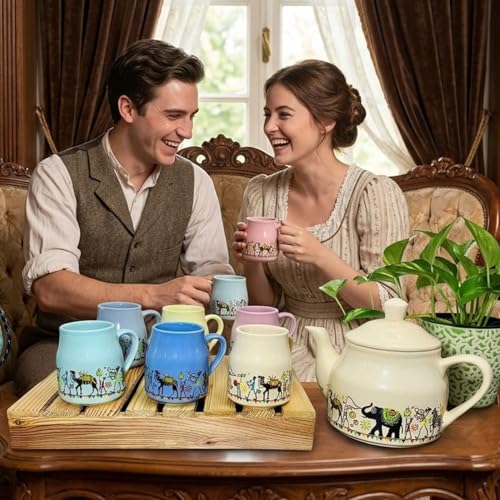 Image of Premium Ceramic Tea Set with Teapot and 6 Cups, Multi Elephant Design, Traditional Indian Theme (Multicolor)