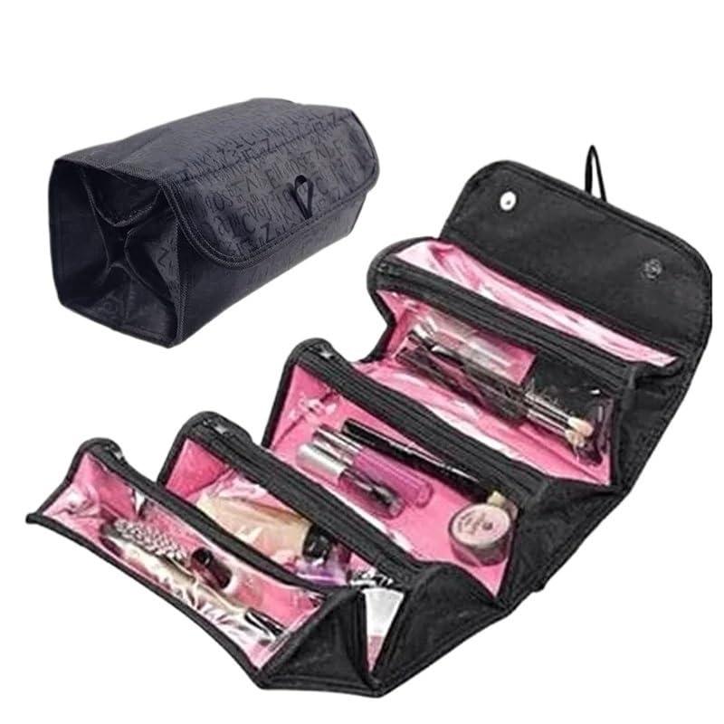 Beauty Case a 4 Strati Arrotolabile, Astuccio per Cosmetici e Trucco di Grande capacità, Borsa da Viaggio Pieghevole con Gancio per appenderlo.
