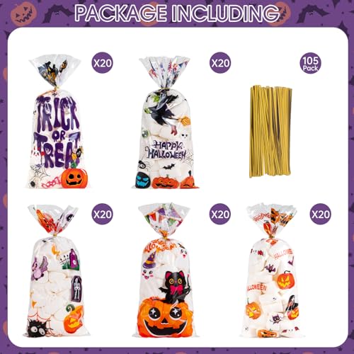 100 Pcs Happy Halloween Cellophane Treat Bags, Trick or Treat Candy Bag, Plastic Pumpkin Ghost Cookie Snack Goodie Goody Bags with Twist Ties for Halloween Gifts Wrap Party Decorations Supplies Favors - image 4