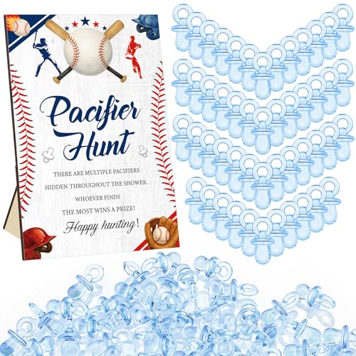 Image of Thyle 51 Pcs Baseball Pacifier Hunt Baby Shower Games a Little Slugger Is on the Way Decoration Include Baseball Theme Hunt Sign and Acrylic Pacifiers Gift Sets for Sports Gender Reveal Party Decor