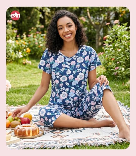Image of ENJOYNIGHT Womens Pajama Sets Cotton Pj Set Short Sleeve Top With Capri Pants Sleepwear 2 Piece Lounge Set