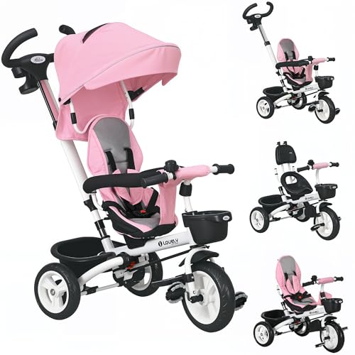 HOMCOM Triciclo 6 en 1 para niños pequeños, triciclo plegable con asa para padres, asiento reversible, cesta de almacenamiento, toldo, arnés de seguridad de 5 puntos, para niños de 1 a 5 años, rosa