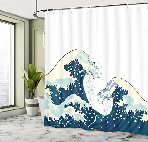ABAKUHAUS Waves Shower Curtain, Japanese Kanagawa Illustration Nautical Ocean Surfing Theme Aquatic Pattern - Image 4