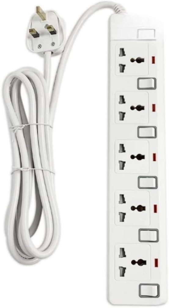 Extension Bar with 5 Meter Wire, Electric Universal Power Strip, 13A Fuse for Surge Protection, Separate Single Switch, Indicator Light, Overload Protection, and Durable Design for Home/Office Use