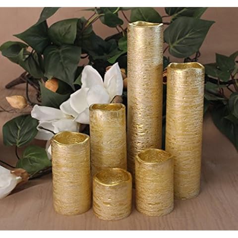LED Lytes Flameless LED Candles with Timer Slim Set of 6, 2" Wide and 2"- 9" Tall, Gold Coated Wax and Flickering Amber Yellow Flame for Home and Wedding Decor Cover