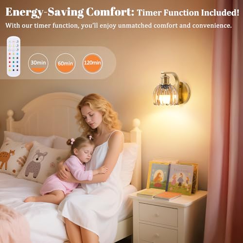 Image of Vintage Rechargeable Battery Operated Wall Sconce Set of 2 with Remote | Gold Wireless Wall Light with Amber Tulip Glass Shade, 15 Colors Dimmable Wall Lamp for Bedroom Hallway Living Room Decor