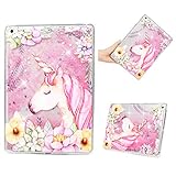 iPad 9.7 Case（2018/2017），2 in 1 Bling Quicksand Moving TPU Silicone Anti-Drop Shockproof Protection Against Scratches Soft Leather Case for iPad Air 2, iPad Air - Flower Unicorn