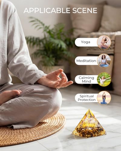 Image of Orgone Pyramid with Healing Crystals - (Flower of Life) - Energy Generator for Positive Vibe, Stress Relief & Chakra Reiki Meditation - Spiritual Gift for Success, Wealth & Prosperity (Golden)