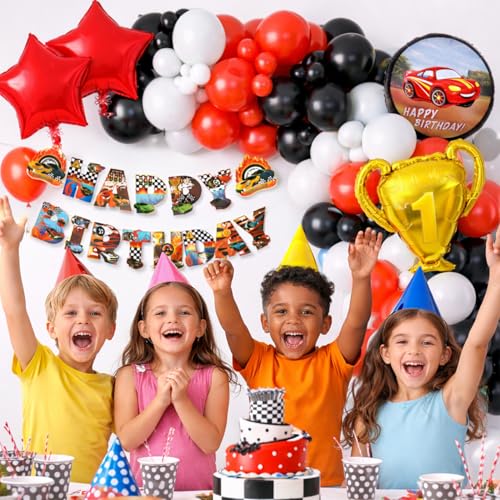 Image of Rozi Decoration Car Racing Theme Birthday Decoration Kit with Car Foil Balloons, Trophy Balloon, Happy Birthday Paper Banner and Red Black White Balloons - 52 Pieces Set