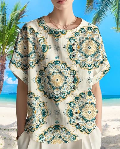 2025 Summer Linen Boho Shirts for Women Floral Print Blouse with Button Round Neck Short Sleeve Relaxed Draped Tops4