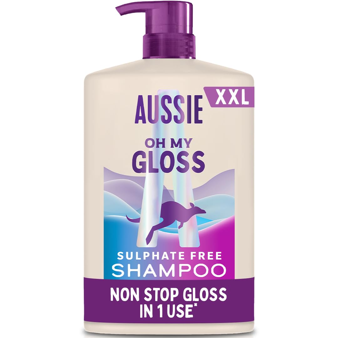 Aussie Oh My Gloss Shampoo 1000ml. Deeply Moisturises Dry and Dull Hair. Infused with Australian White Strawberry. Sulphate-Free Formula. For Instantly Shinier and Glossy Hair. Vegan and Cruelty-Free