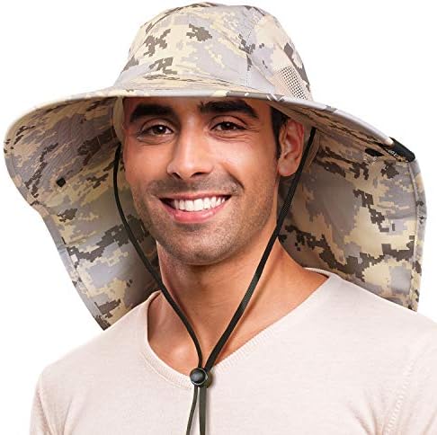 Camo Sun Hat for Men with UV Protection Wide Brim Safari Hike Cap w/Neck Flap Cover Digigy