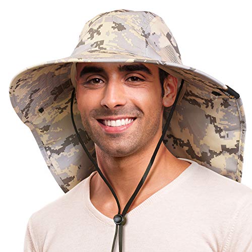 Camo Sun Hat For Men With Uv Protection Wide Brim Safari Hike Cap W/Neck Flap Cover Digigy #TOP13