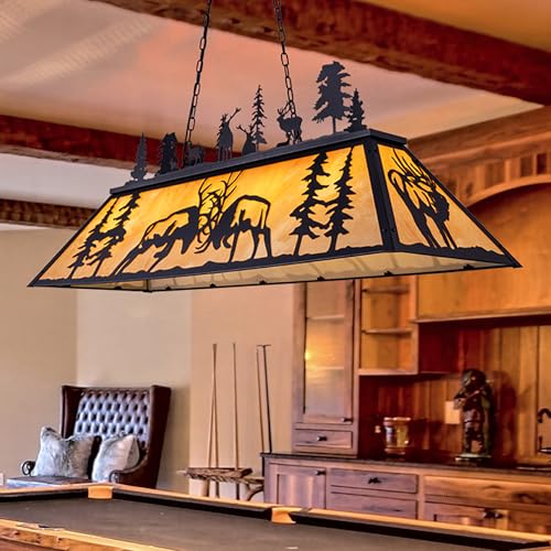 Wellmet Tiffany Pool Table Light, 60 Inch Vintage Billiards Light Fixture for 7ft 8ft 9ft Pool Table, 4-Light Rustic Farmhouse Deer Elk Chandeliers for Dining Room, Snooker Table, Game Room, Cabin