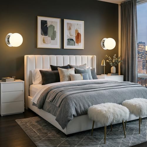 Image of 2 Pack Modern Chrome Wall Light Fixtures, Mid-Century Globe Glass Wall Sconces Set of Two for Bathroom Mirror, Living Room, Hallway, Entryway (Bulbs Not Included)