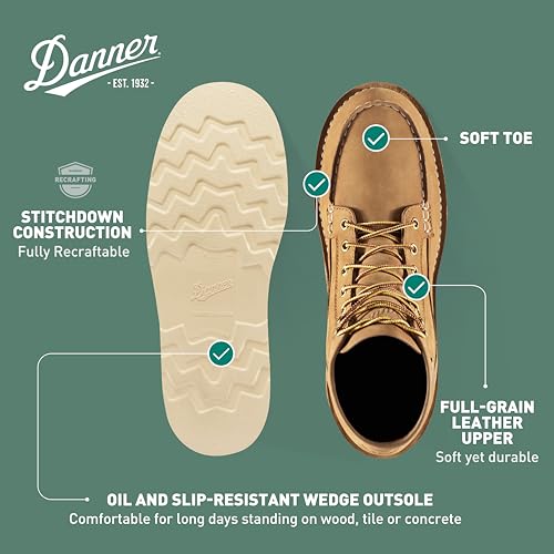 Image of Danner 6 inch Bull Run Moc Toe Work Boots for Men - Oiled Full-Grain Leather Upper with Non Slip Wedge Outsole and 3-Density Cushion Footbed, EH Resistant