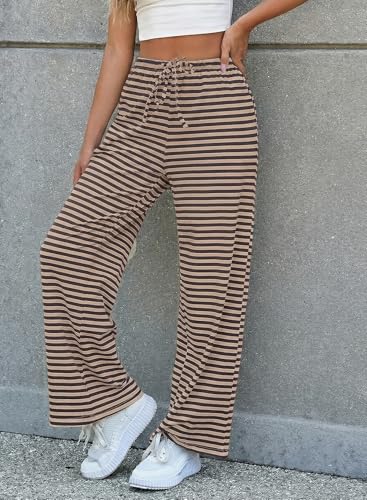 Image of EVALESS Striped Pants Women Casual Wide Leg Drawstring Elastic Waist Kint Trousers Lounge Sweatpants with Pockets