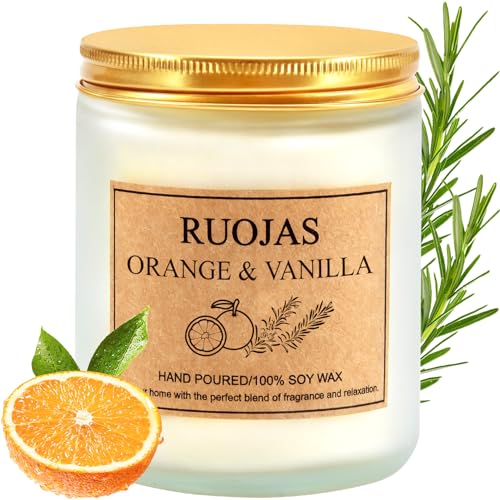 RUOJAS Scented Candle Natural Soy Candle Vanilla & Orange Aromatherapy Candle Gifts for Mom Women Dad, Holiday Candle, Spa Candle, 45 Hour Burn Time (7oz)
