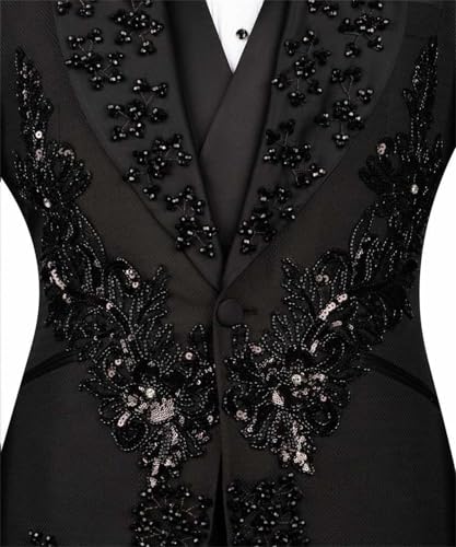 Men's Black Tuxedo with Flower Applique Beaded Tuxedo Slim Fit Shawl Lapel Blazer for Dinner Prom Wedding4