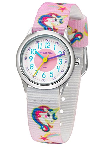 JACQUES FAREL Kinder-Armbanduhr Mädchen Einhorn Analog Quarz Metall Textilband HCC 042