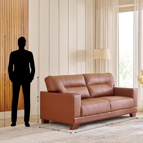 Image of Home Centre | Walter Half Leather 3+2+1 Seater Sofa Set | Sofa for Living Room | Solid Wood | Tan | 1 Year Warranty