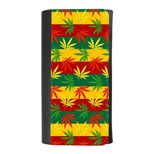 (Marijuana Weed Leaf On Rasta Colors Stripes) women's Patterned Leather Buckle Trifold Wallet Bag Pouch Holster With Credit Card Holder insurance for smartphones